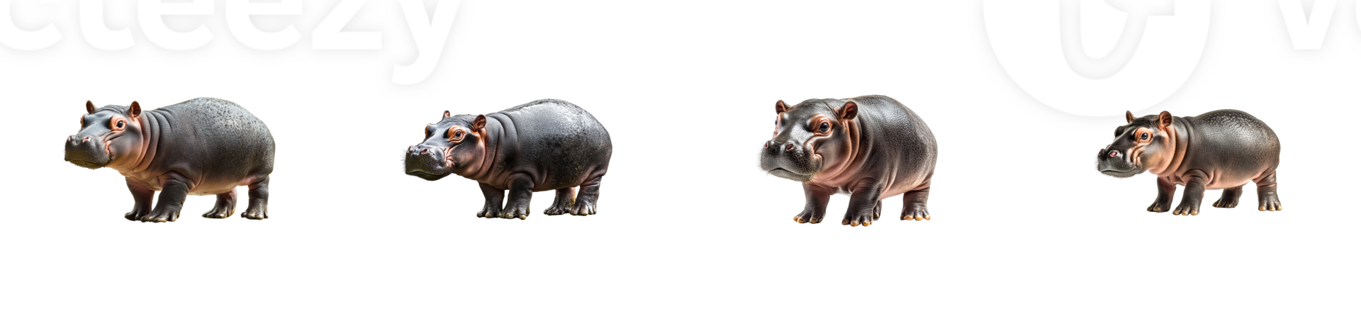 Miniature hippopotamus set in a row, cute mammals, cut out transparent png