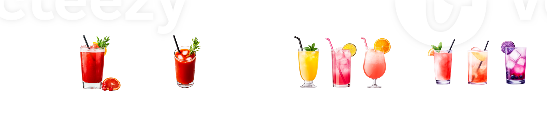Refreshing colorful cocktail drinks collection, assorted, cut out transparent png
