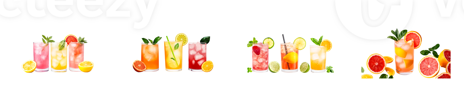 Variety of refreshing cocktails with fruits and ice cubes, cut out transparent png