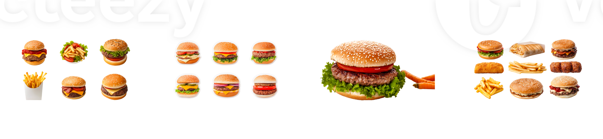 Burgers and fast food menu items variety, cut out transparent png
