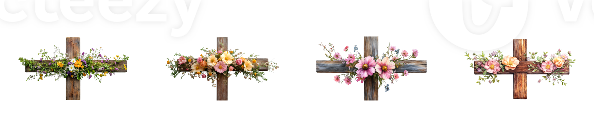Rustic wooden crosses adorned with floral arrangements, cut out transparent png