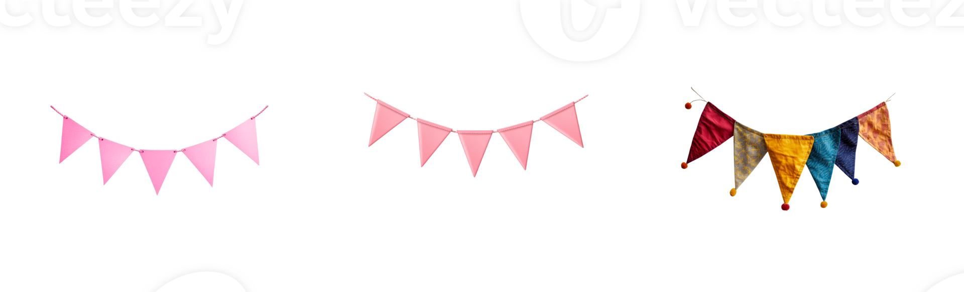 Colorful, cheerful triangular flags on a string decoration, cut out transparent png