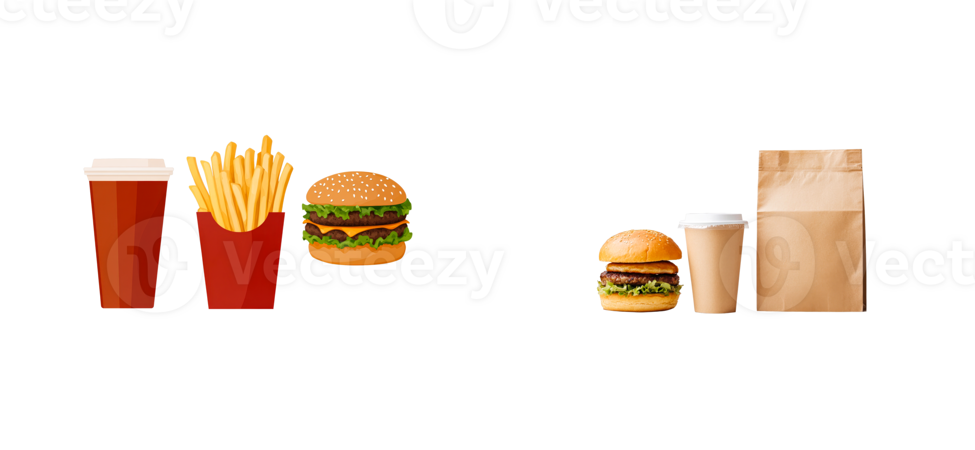 Fast food set with burger, drink, fries, takeaway bag, cut out transparent png