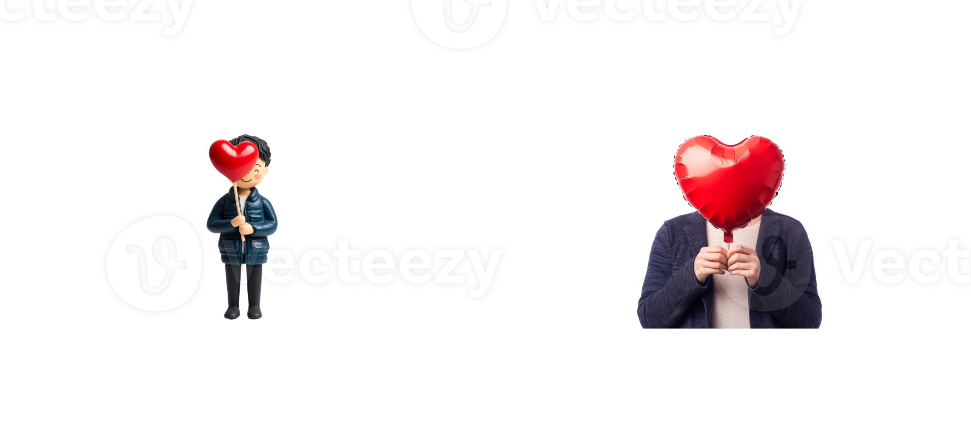 Mannequin holding heart toy and person hiding face behind heart, cut out transparent png