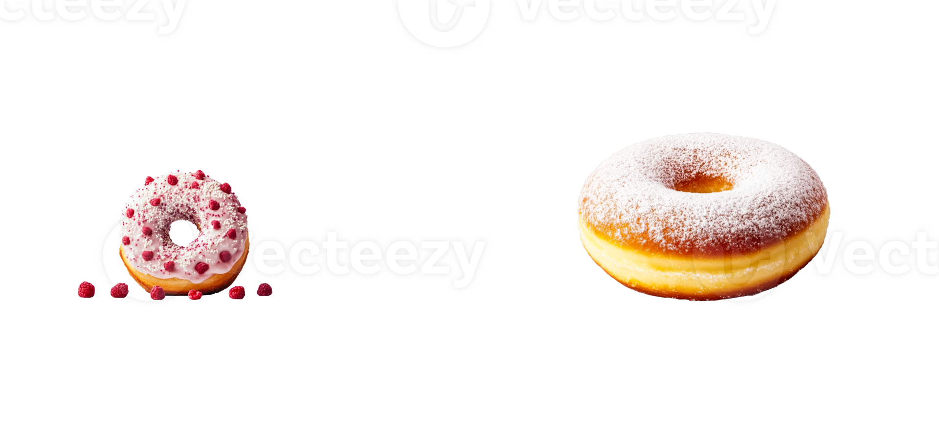 Two donuts, confectioneries, sweet treat, bakery item, raspberry topping, cut out transparent png