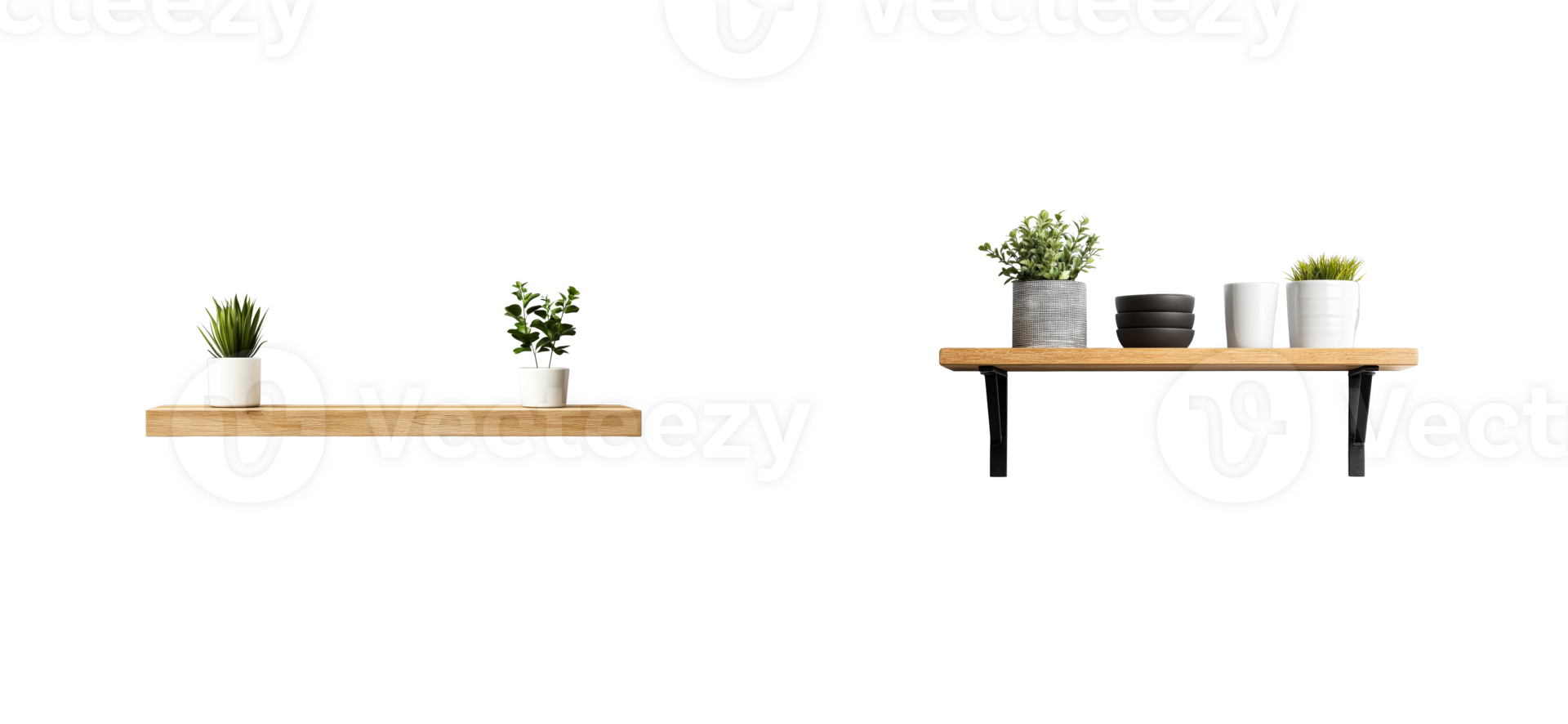 Floating wooden shelves with plants and decorations, cut out transparent png