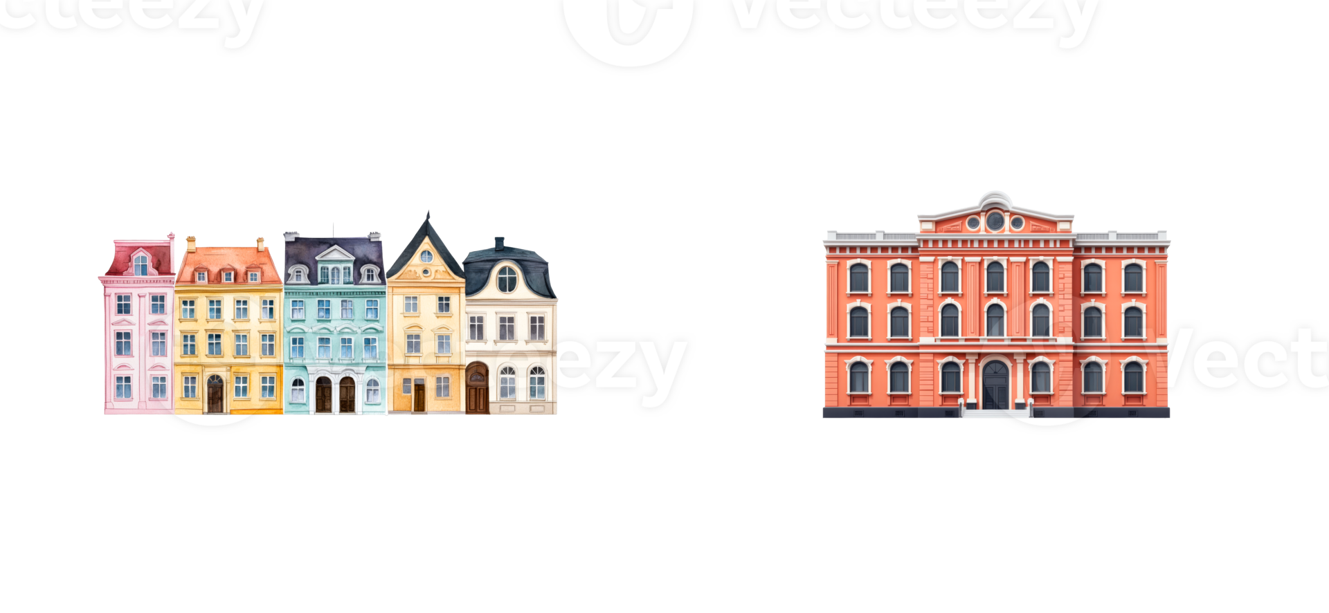 Row of old houses, facade of classical building, isolated elements, cut out transparent png