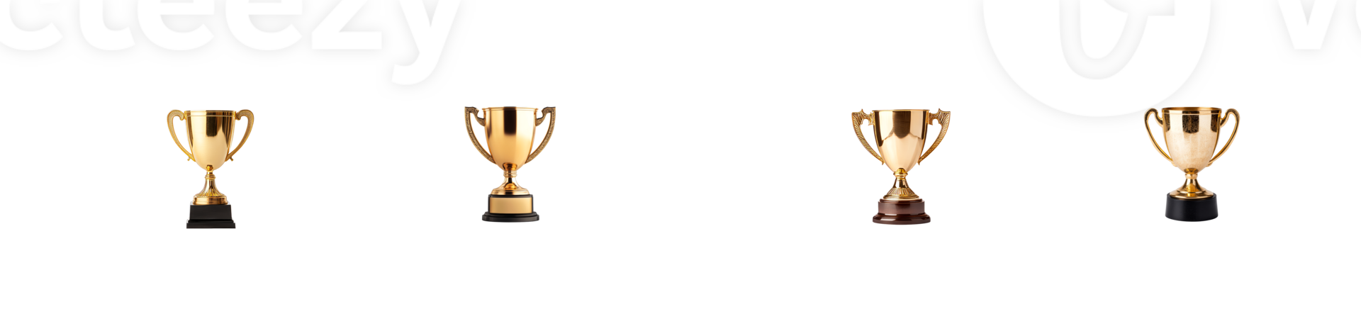 Four shiny gold trophies, success and achievement concept, cut out transparent png