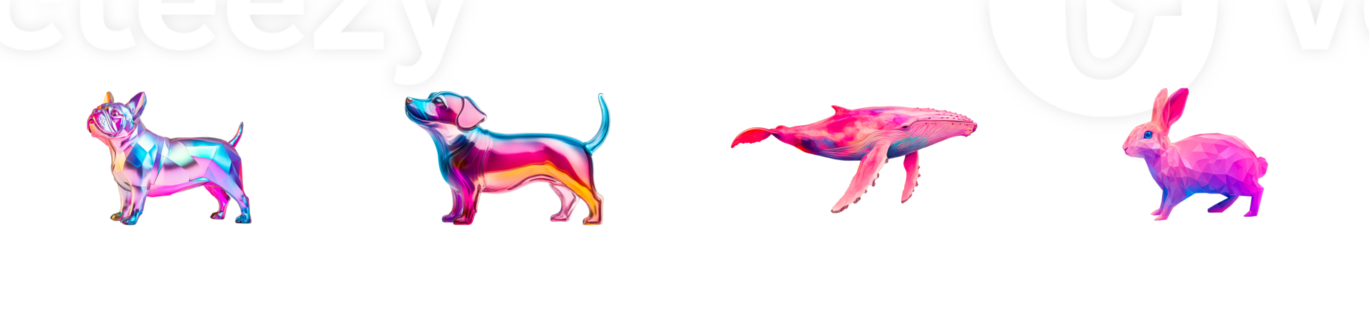Holographic animals on a black background, pet dog, whale, rabbit , cut out transparent png