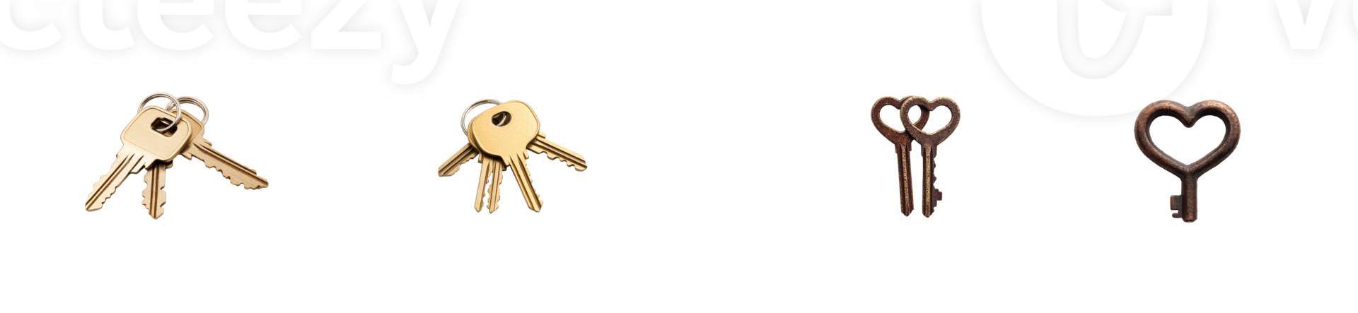 Assorted keys isolated on black background in banner format, cut out transparent png