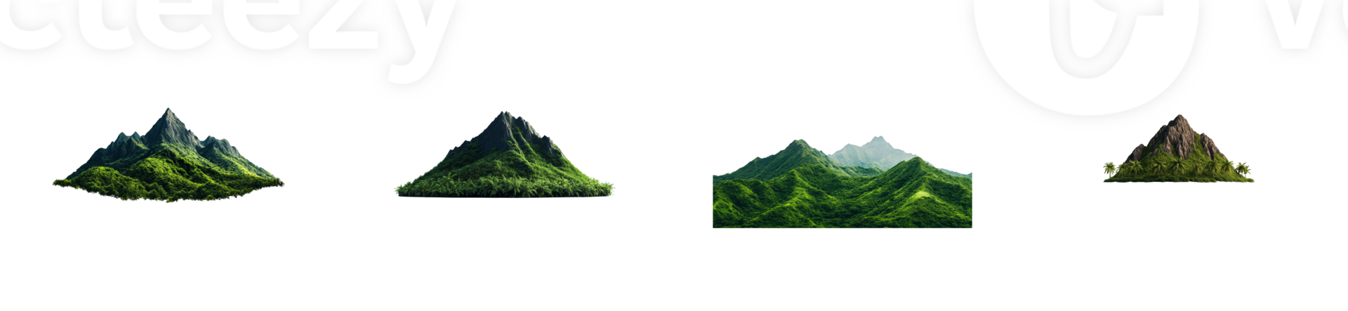 Volcanic mountains covered with green vegetation, cut out transparent png