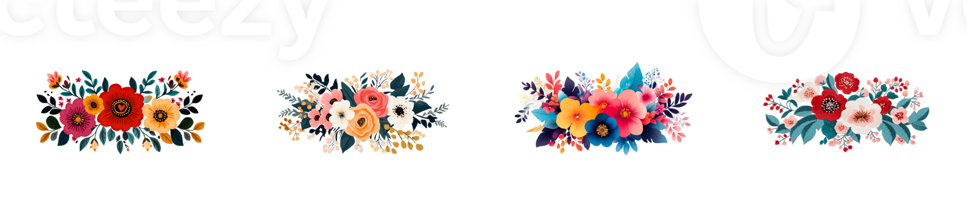 Floral arrangements in folk style, isolated elements of flowers , cut out transparent png