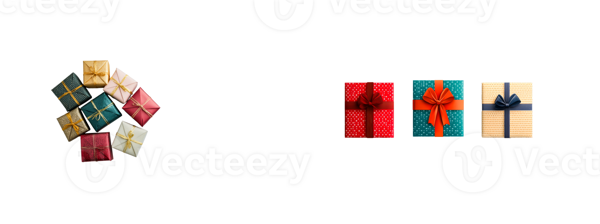 Colorful wrapped presents on black background, cut out transparent png