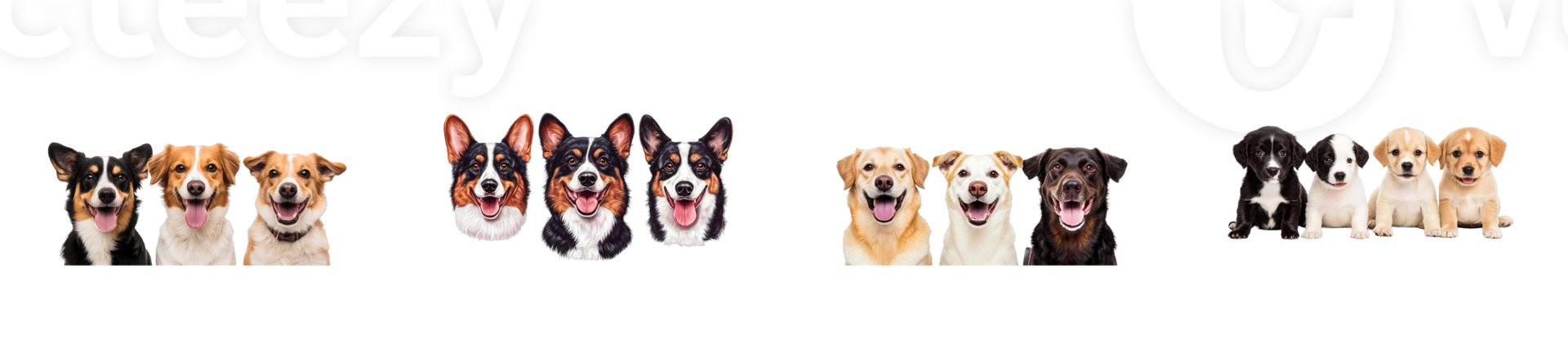 Group of cheerful puppies peek over edge. Pets are friendly looking, cut out transparent png