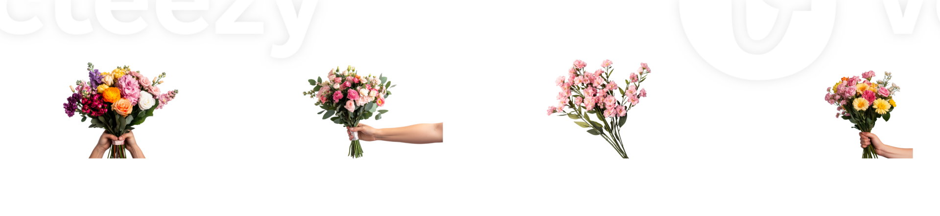 Colorful flower bouquets in different ways presentation, cut out transparent png