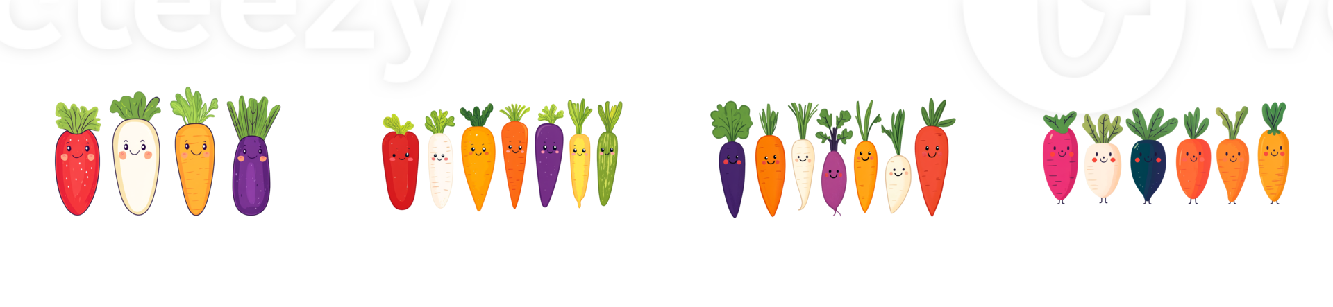 Carrots of different colors and varieties with faces, cut out transparent png