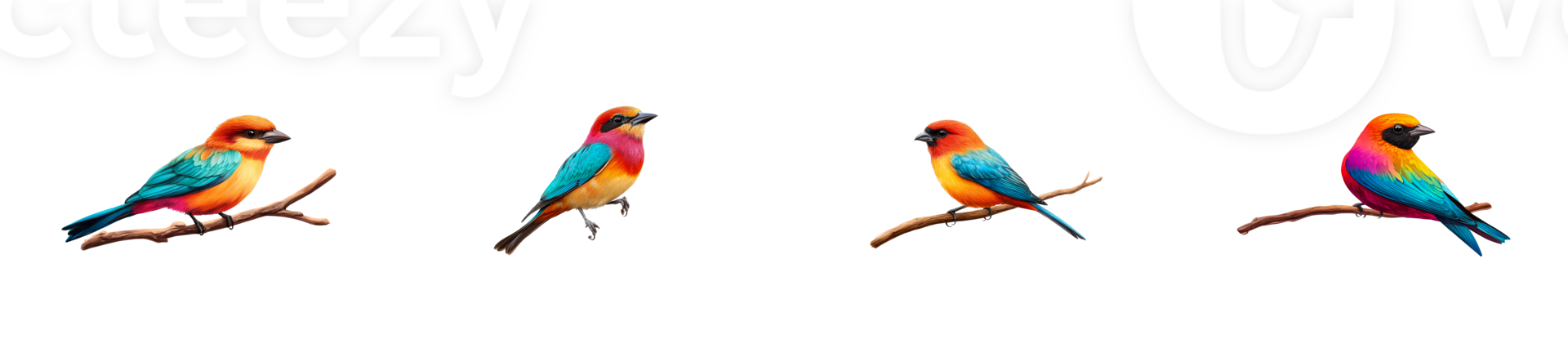 Colorful birds perched on branches, vibrant plumage, cut out transparent png