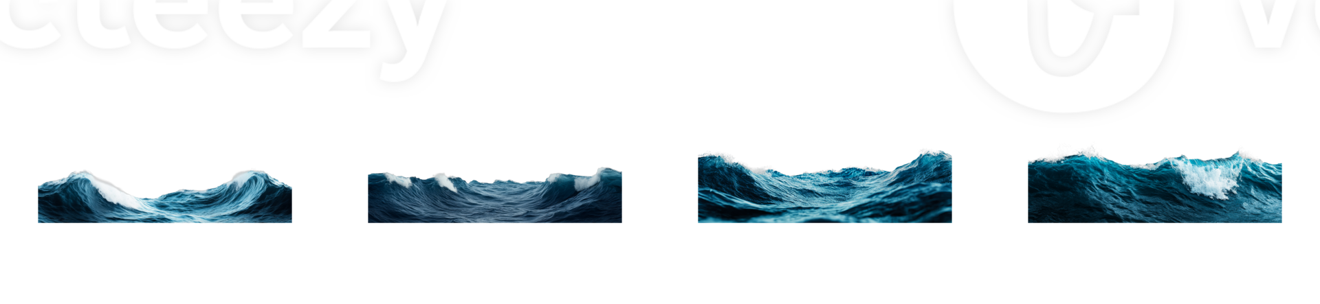 Ocean waves with foamy crests, four different stages, cut out transparent png