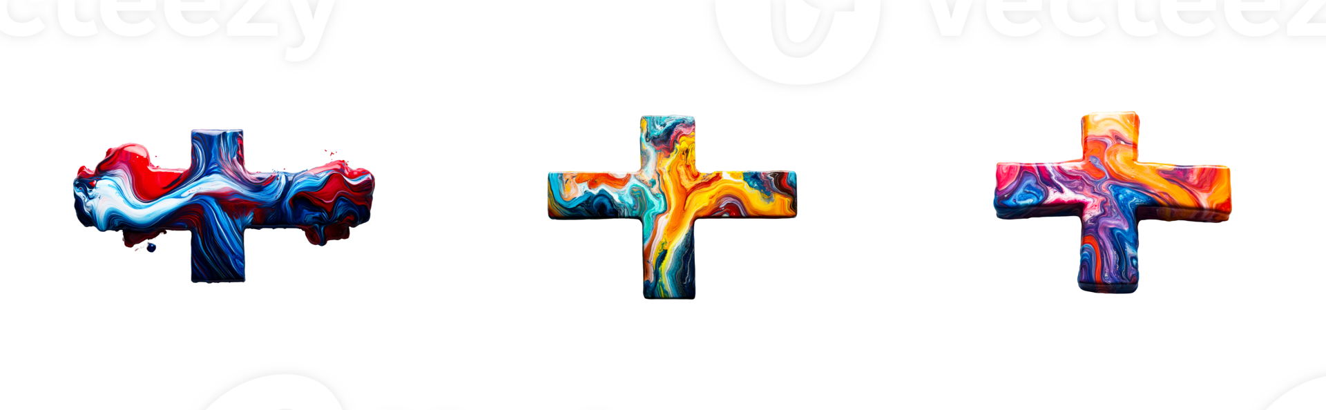 Set of vibrant abstract plus signs, artistic expression, paint swirls, cut out transparent png