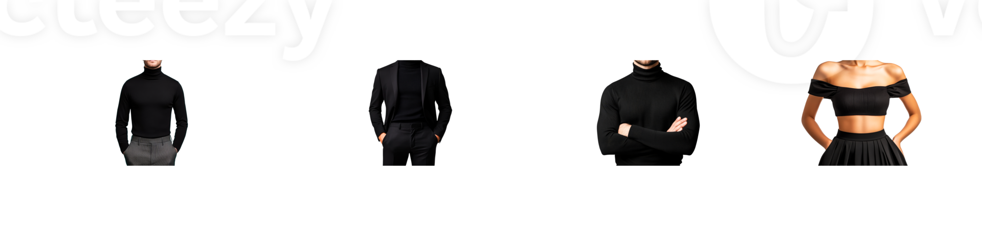 Fashionable people in black clothes posing, cut out transparent png