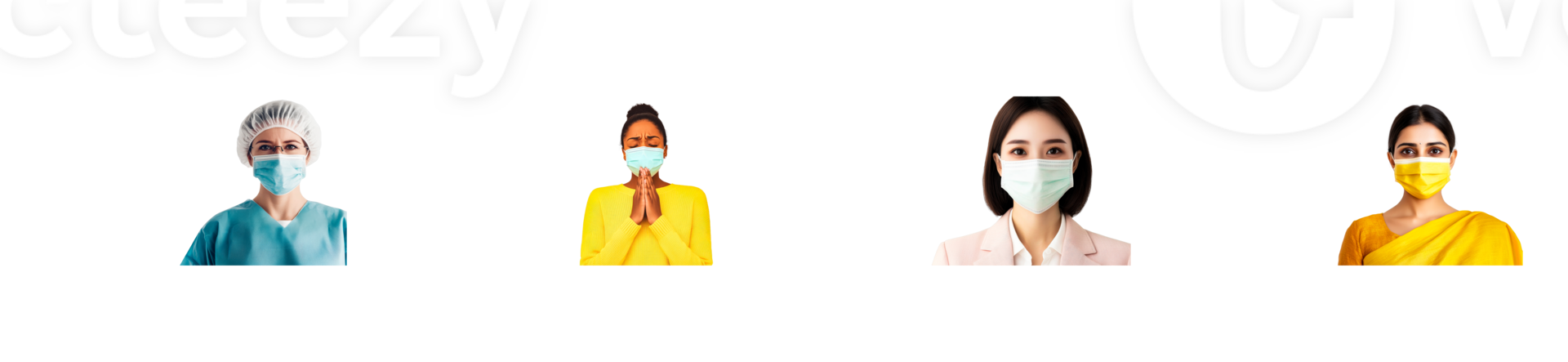Health workers wearing face masks, diverse professions ,cut out transparent png