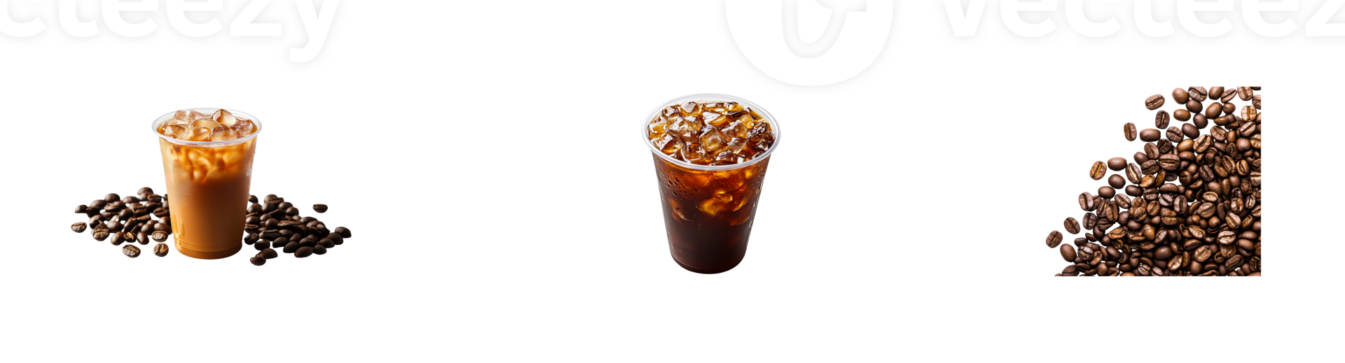 Coffee drinks and beans composition, on a black background, cut out transparent png