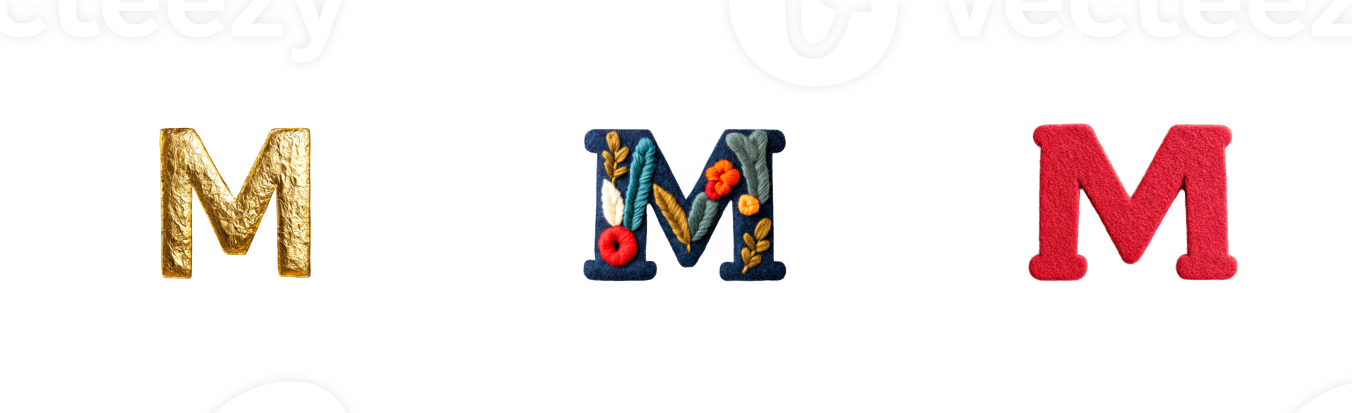 Golden, embroidered and felt letter M series on black, cut out transparent png