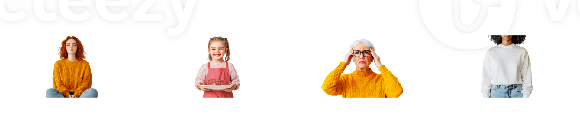 Four people different ages and emotion, studio shot, cut out transparent png
