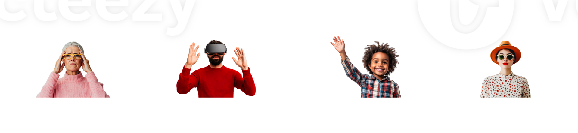 Diverse portraits showcasing emotions and expressions, cut out transparent png