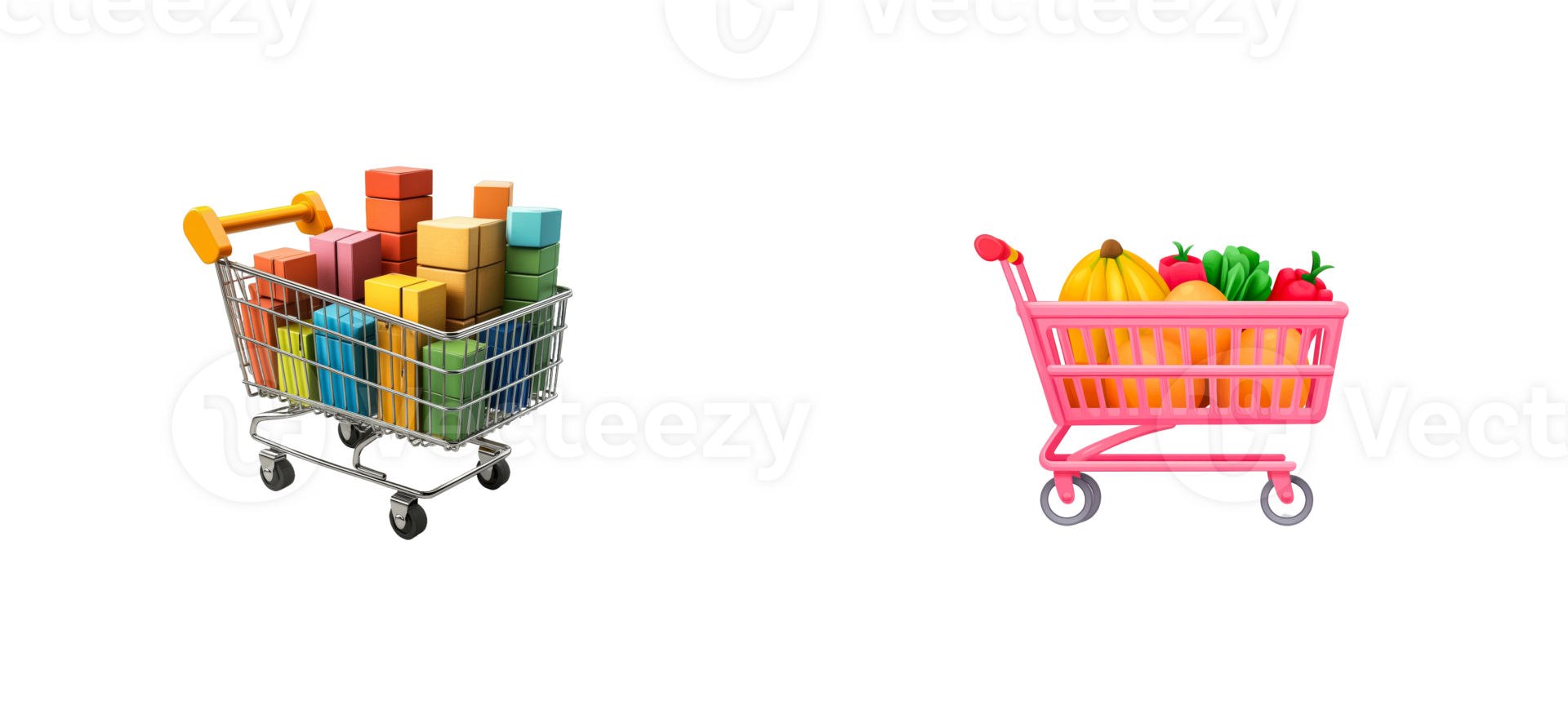 Shopping carts with boxes and fruits, vegetables, cut out transparent png