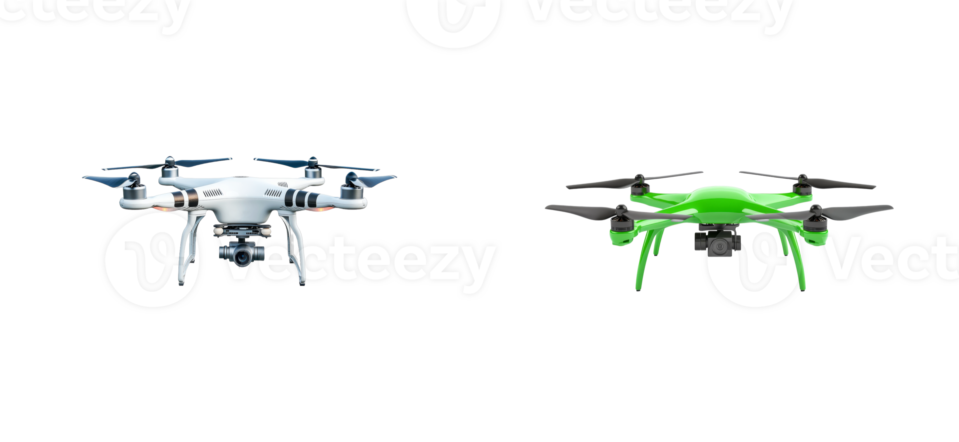 Two drones isolated against a black background, cut out transparent png
