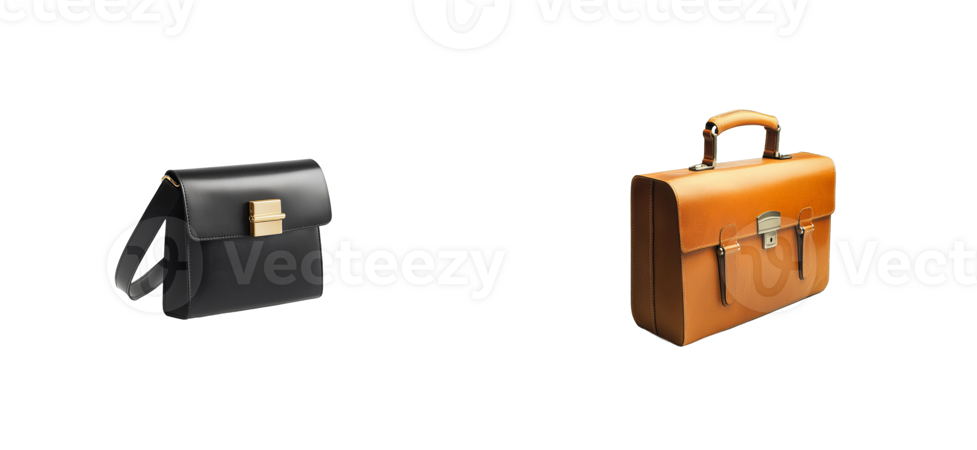 Stylish leather briefcases on black background, cut out transparent png