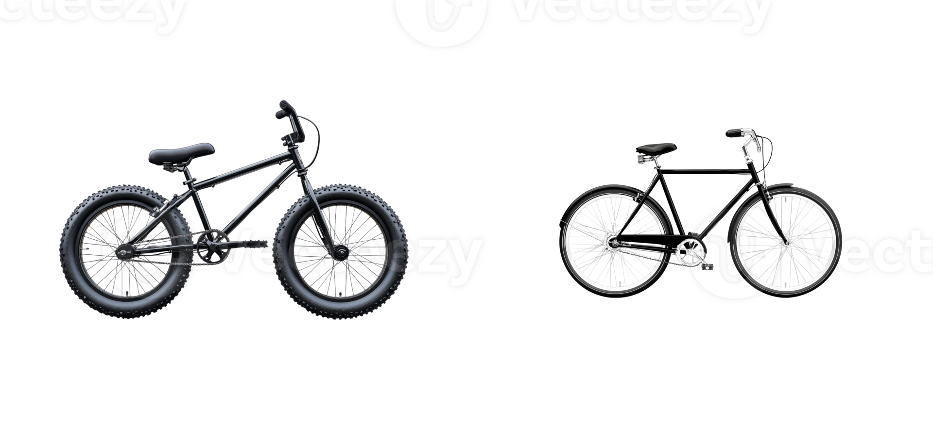 Two different bicycles black color on dark background, cut out transparent png