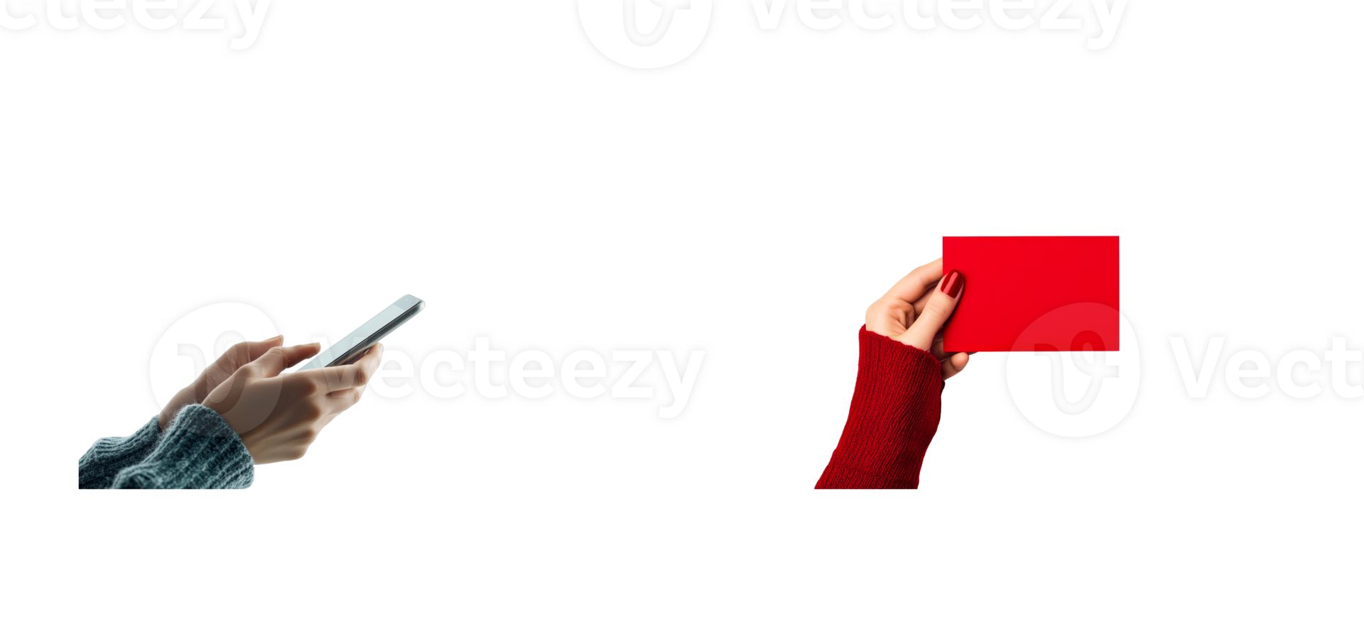 Hand using smartphone, holding red card, isolated background , cut out transparent png