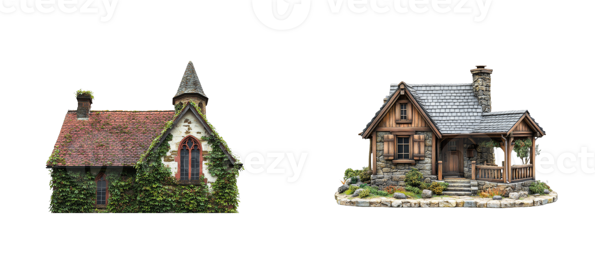 Fairy tale cottages detailed architecture, fantasy homes, cut out transparent png