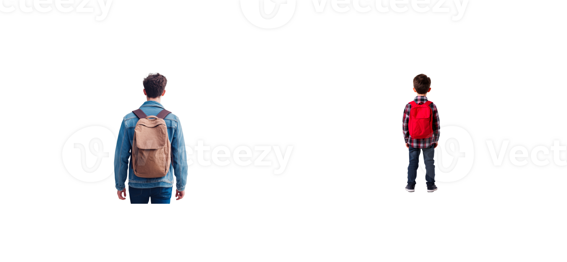 Students with backpacks on black background, cut out transparent png