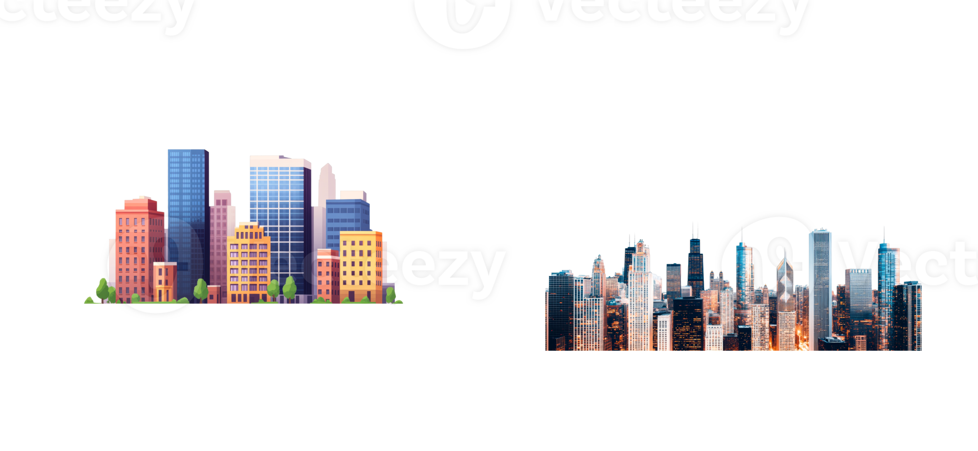 Two different views of a cityscape, buildings, architecture, cut out transparent png