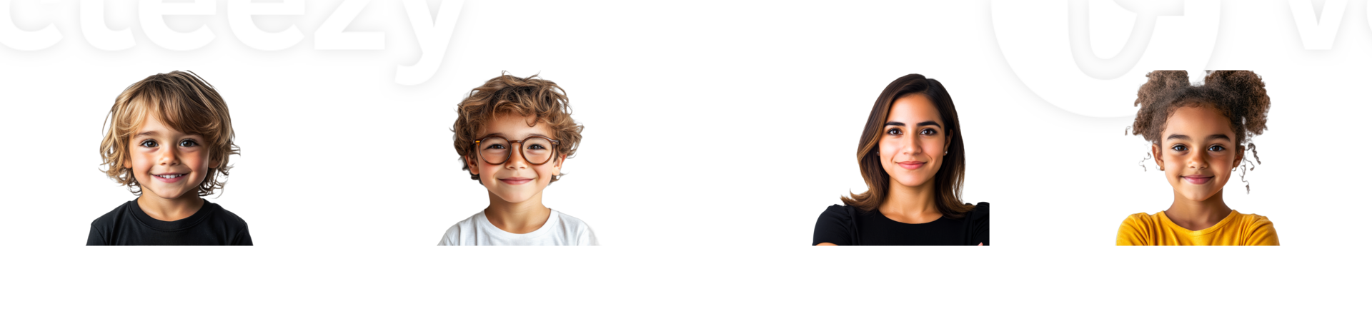 Diverse Kids and Woman Smiling, Portraits on Black, cut out transparent png