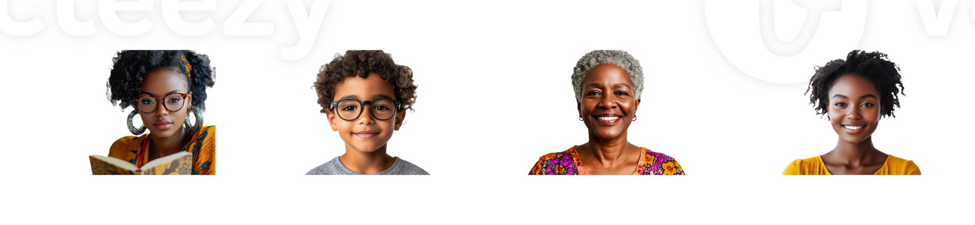 Diverse generations portraits, joyful faces, eyeglasses, reading book, cut out transparent png