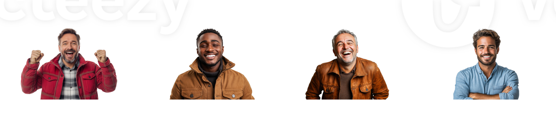 Group of men expressing joy and happiness with transparent background png