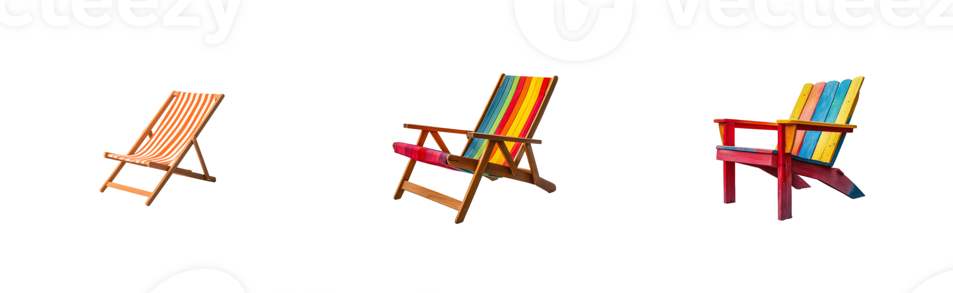 Colorful wooden lounge chairs on a transparent background png