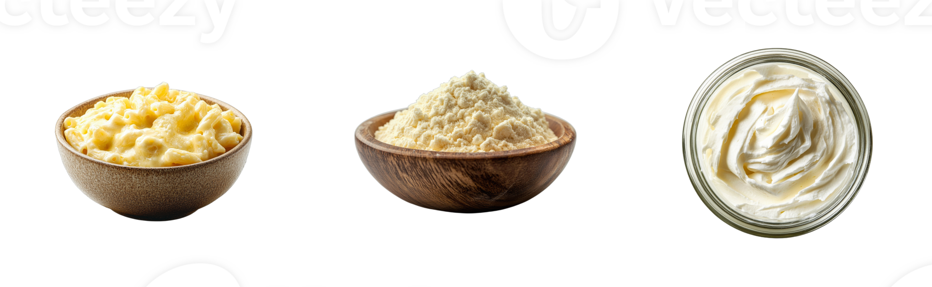 Different types of dairy products in bowls on a transparent background png