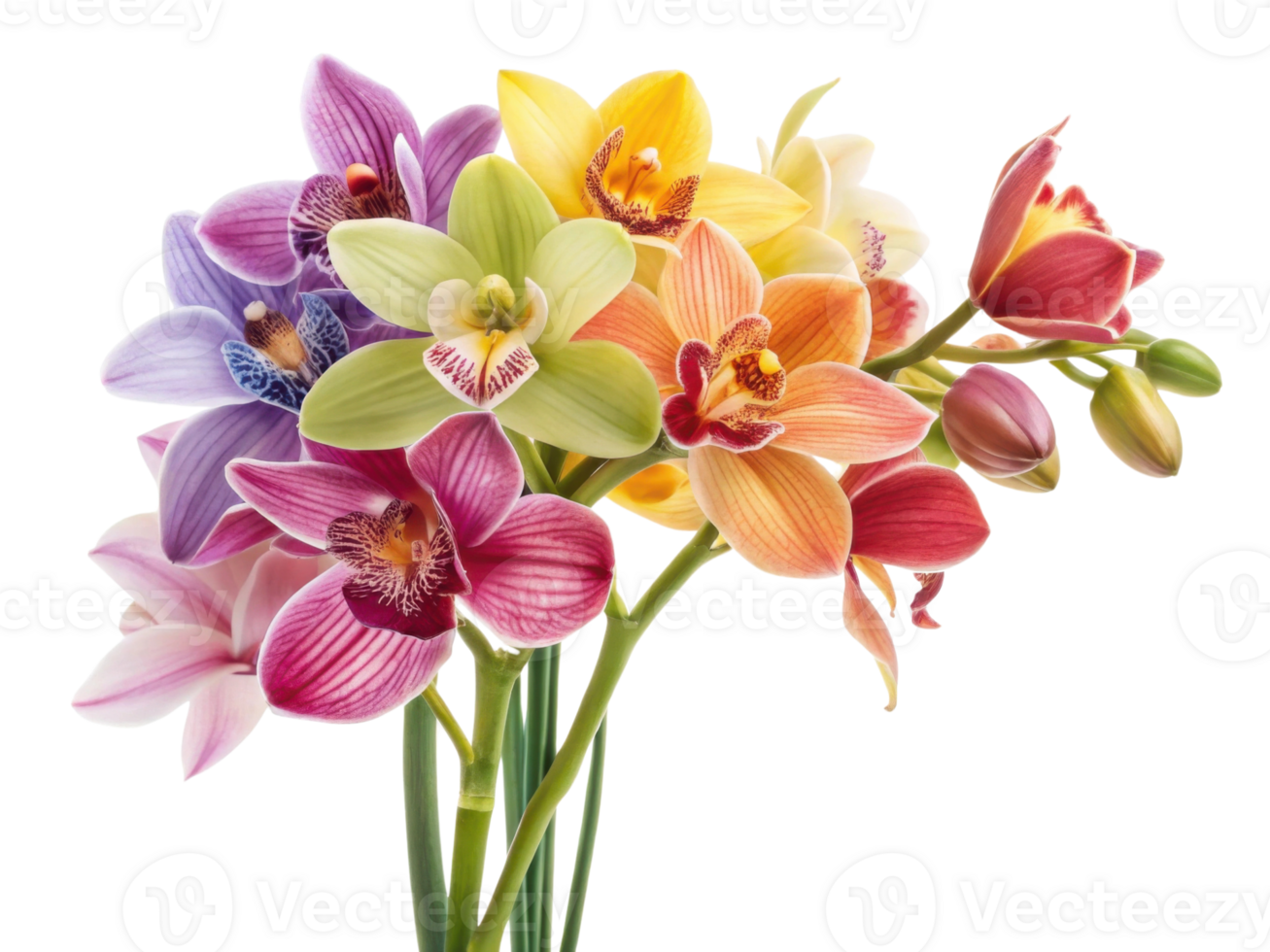 Beautiful orchids bloom in vibrant colors showcasing their delicate petals and intricate patterns, making them stunning flower arrangement png