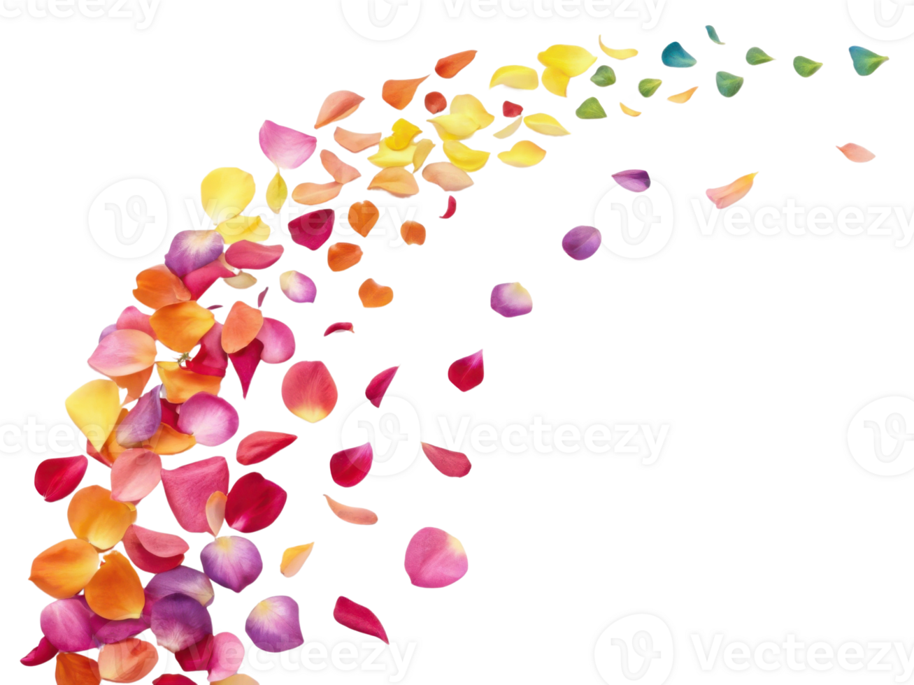 Colorful rose petals create beautiful and vibrant display, evoking feelings of joy and romance as they gracefully scatter png