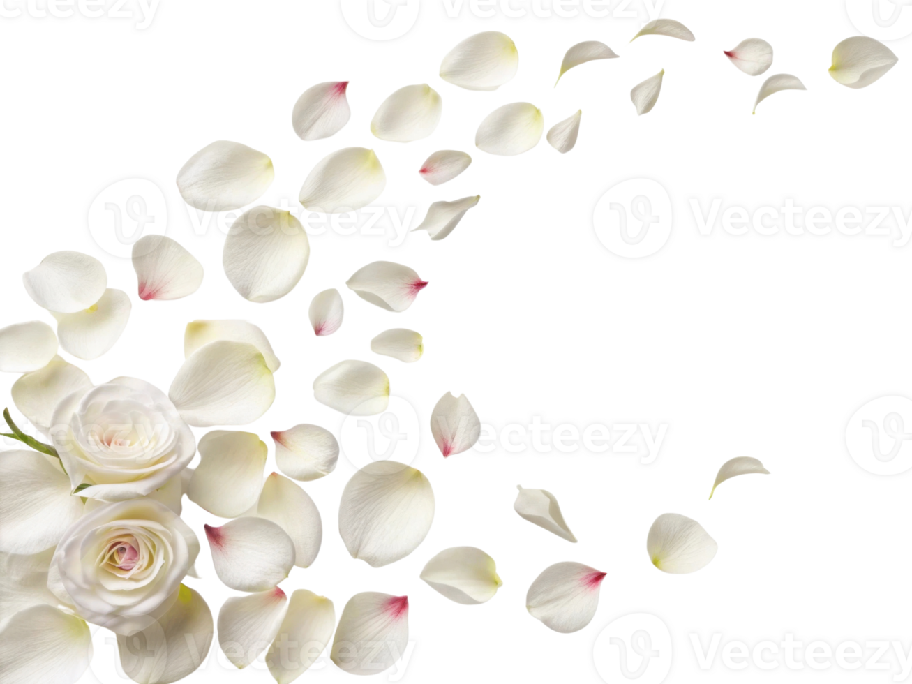 Beautiful white rose flowers are surrounded by delicate petals creating serene and romantic atmosphere png