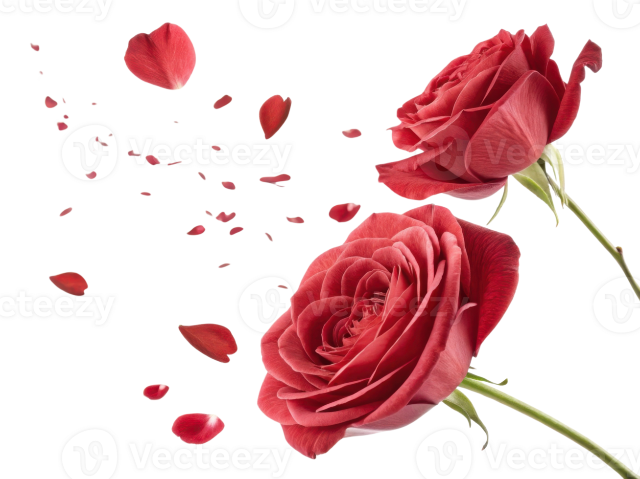 Beautiful red roses bloom gracefully, surrounded by delicate petals that float gently in air, creating romantic atmosphere png