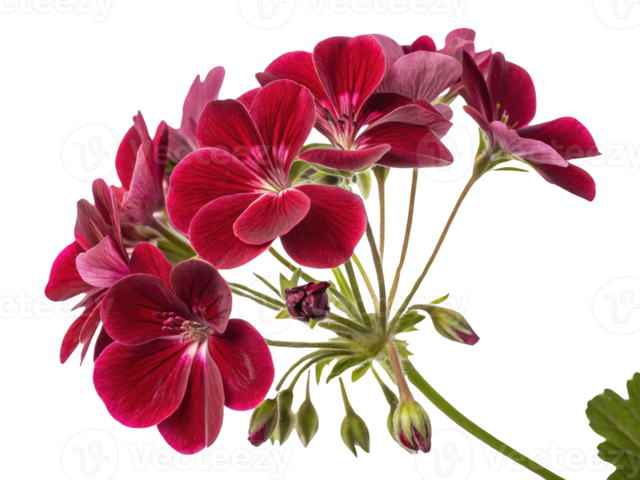 Vibrant geranium flowers bloom in rich red hues showcasing their delicate petals and lush green stems, creating stunning floral display png