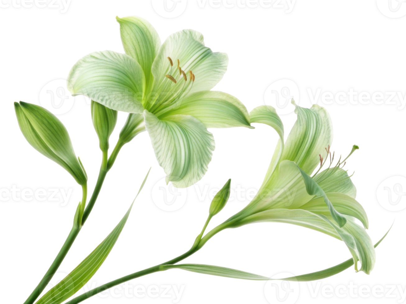 Elegant iris flowers bloom gracefully, showcasing their delicate petals and vibrant green hues, creating serene and enchanting atmosphere png