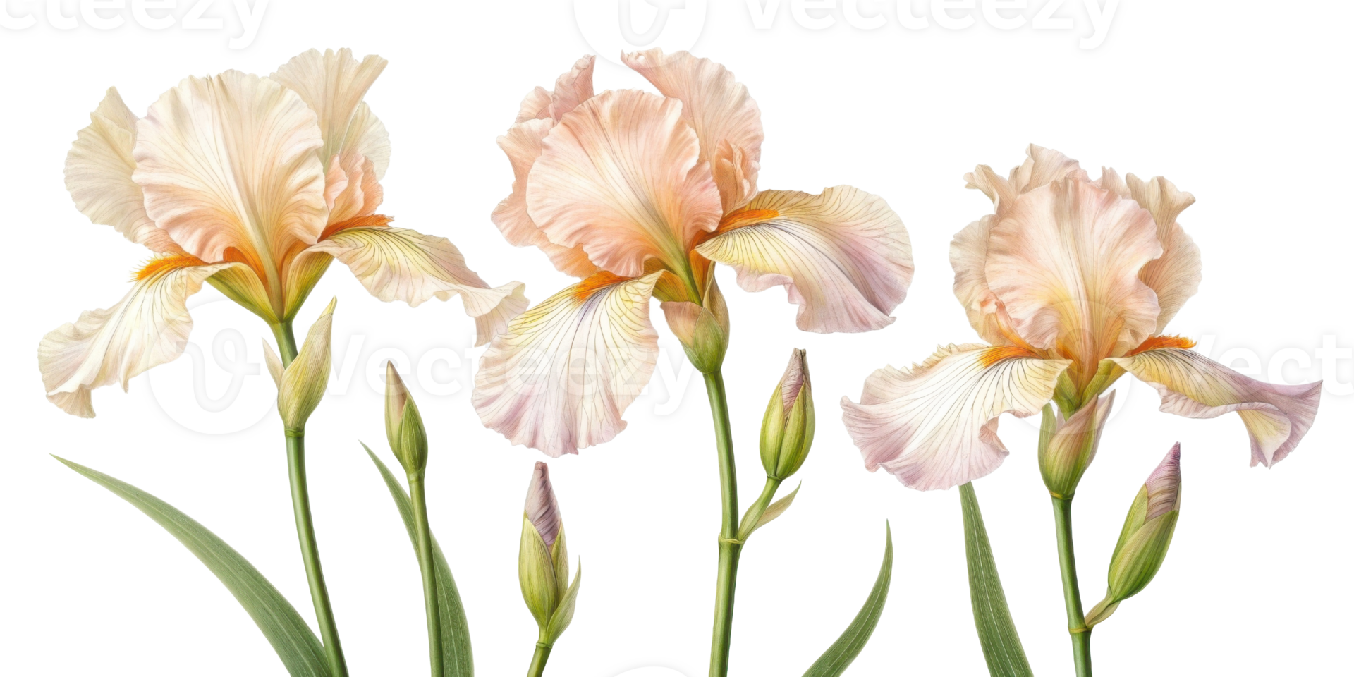 Beautiful iris flowers bloom gracefully, showcasing their delicate petals and vibrant colors in serene garden setting png