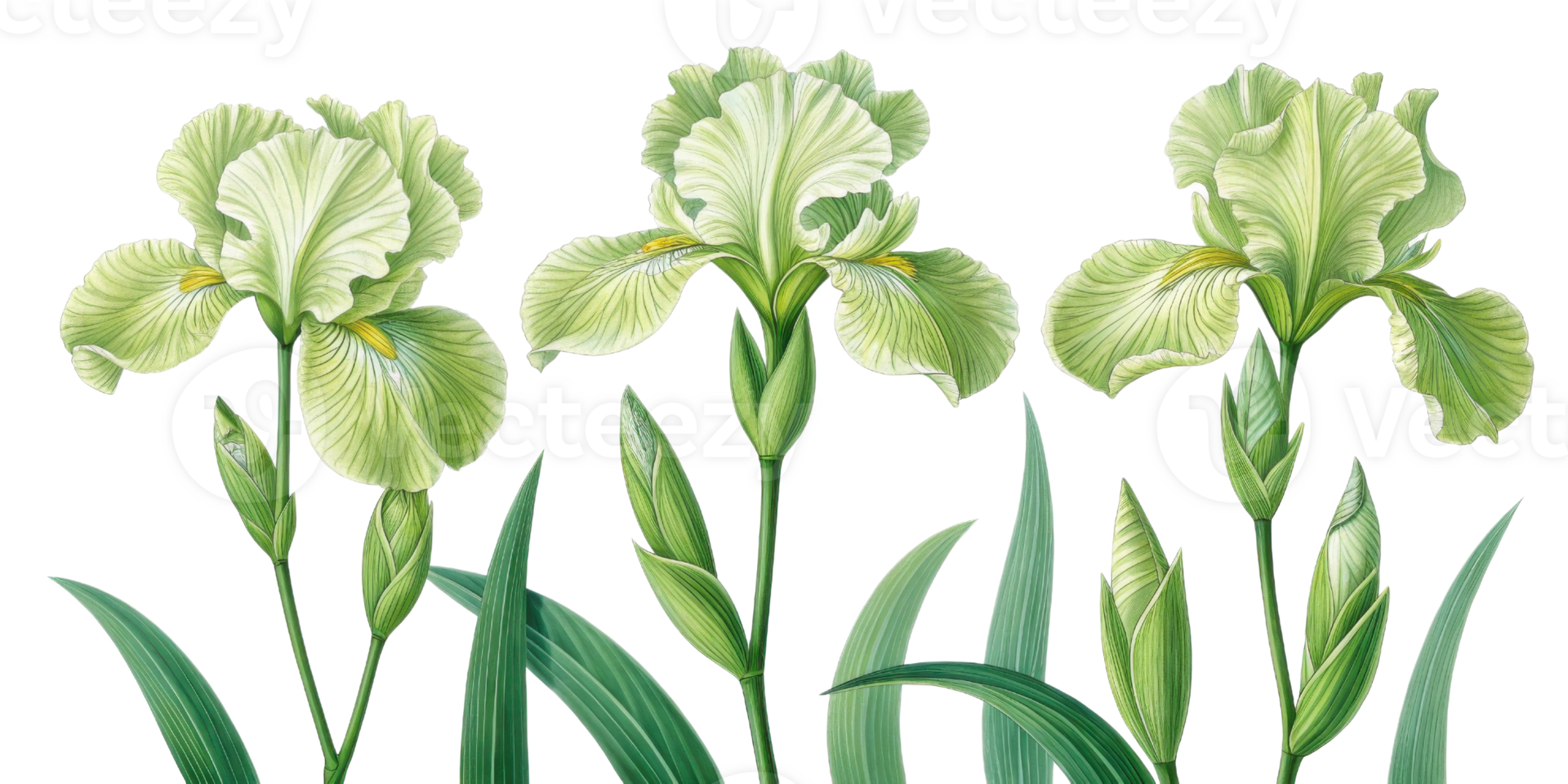 Iris flowers bloom gracefully, showcasing their unique patterns and vibrant green hues, creating serene and enchanting atmosphere png
